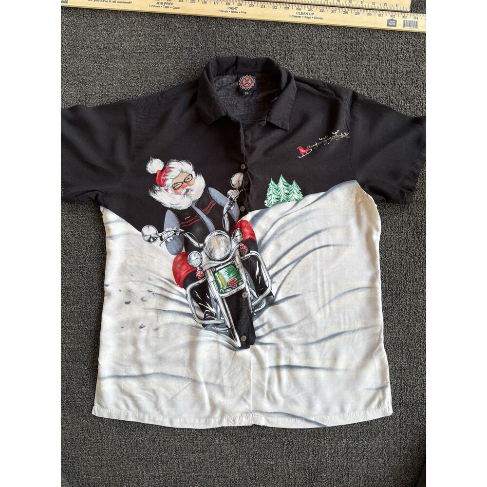 Men’s XL Santa Claus Motorcycle Biker Christmas Button-Up Shirt Black‎
